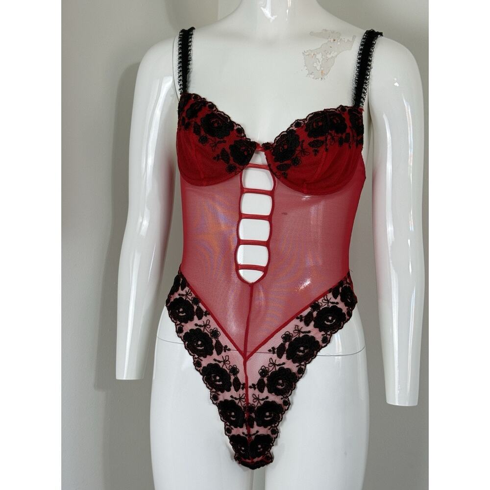 La Senza Sheer Red Floral Teddy Bodysuit Mesh Embroidered Lingerie Size S